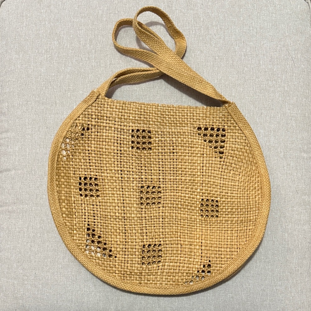 Unique Round Shaped Woven Materials Bag-Shoulder Carry Double Strap-Open Top